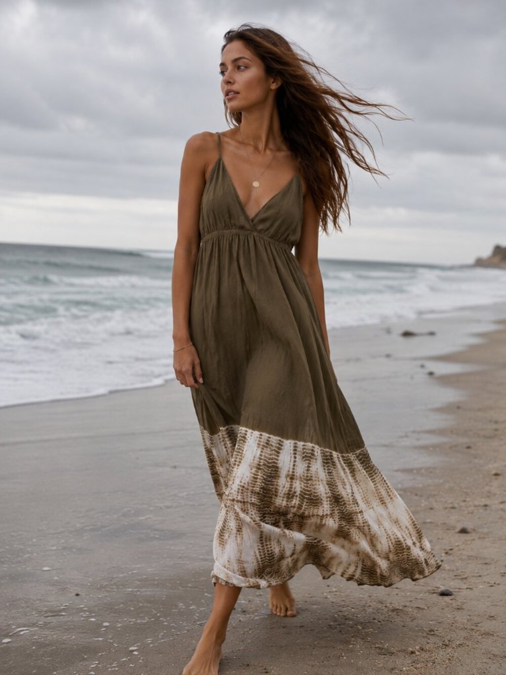 Gypsy 05 100% Silk Maxi Dress Olive Green Tie Dye Boho Slip USA Made Size S